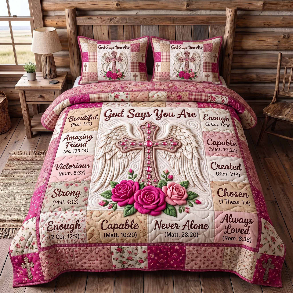 Floral Bible Pink Plaid Rose Cross quilted bedding set, quilt and two pillow shams on a made bed