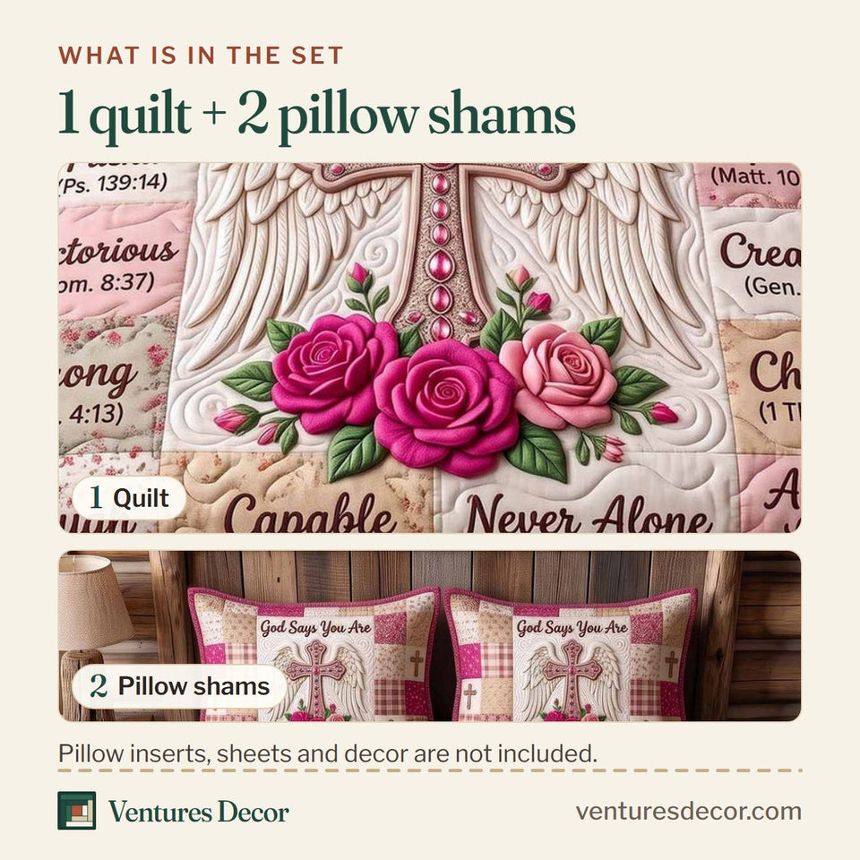 What is in the set: one quilt and two pillow shams, shown in the Floral Bible Pink Plaid Rose Cross design