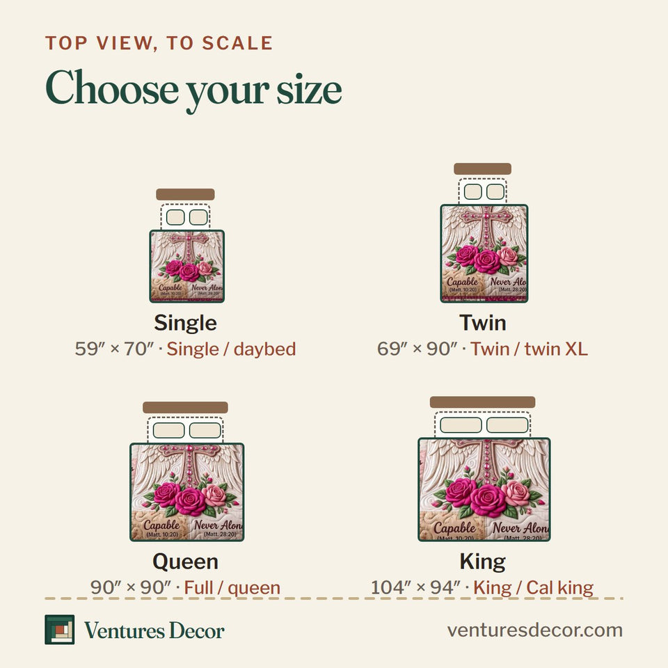 Size guide for the Floral Bible Pink Plaid Rose Cross quilt, top view to scale: Single 59 x 70 in, Twin 69 x 90 in, Queen 90 x 90 in, King 104 x 94 in