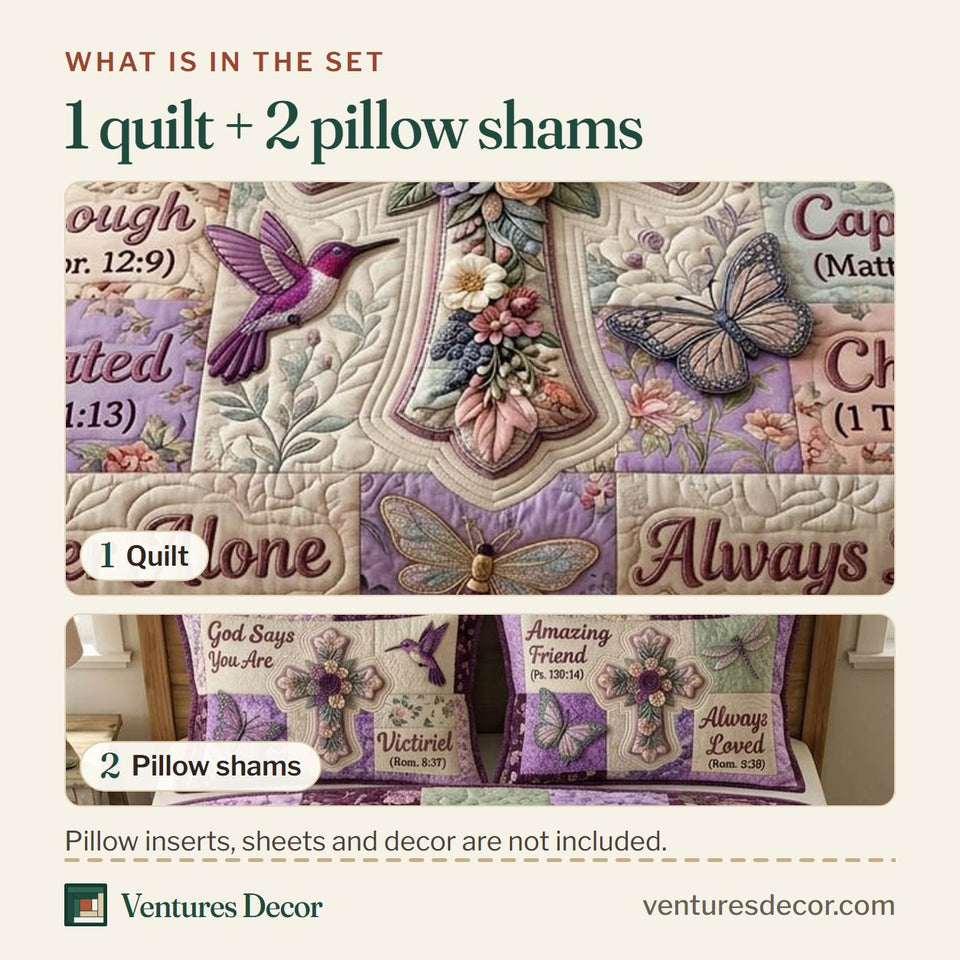 What is in the set: one quilt and two pillow shams, shown in the Floral Bible Purple Grid Butterfly Cross design