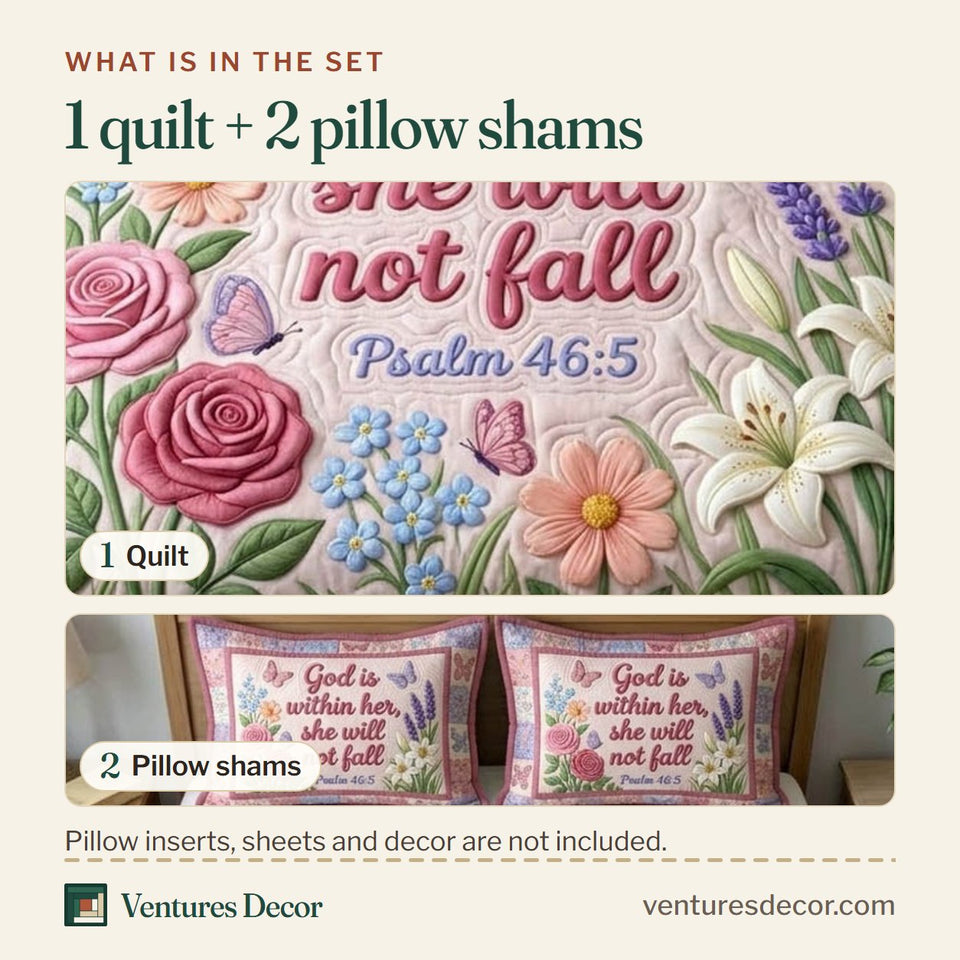 What is in the set: one quilt and two pillow shams, shown in the Floral Bible Rose and Lily Pink design