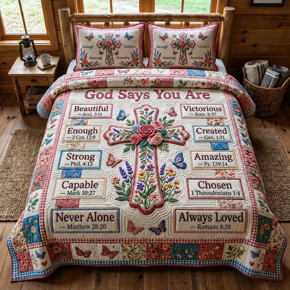 Floral Bible Rosy Word Box Cross quilted bedding set, quilt and two pillow shams on a made bed