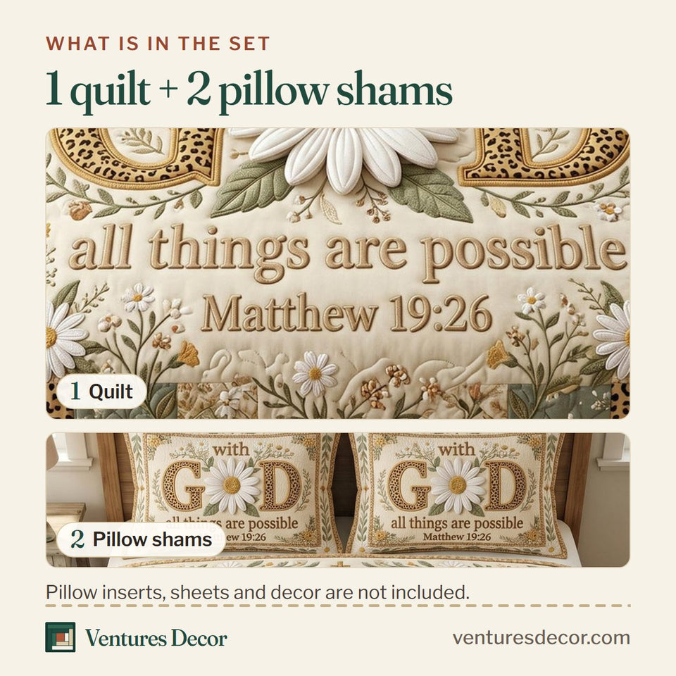 What is in the set: one quilt and two pillow shams, shown in the Floral Bible Sage Patch Daisy Leopard design