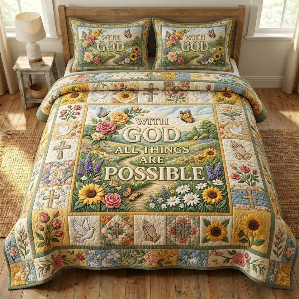Floral Bible Sage Sunflower Frame quilted bedding set, quilt and two pillow shams on a made bed