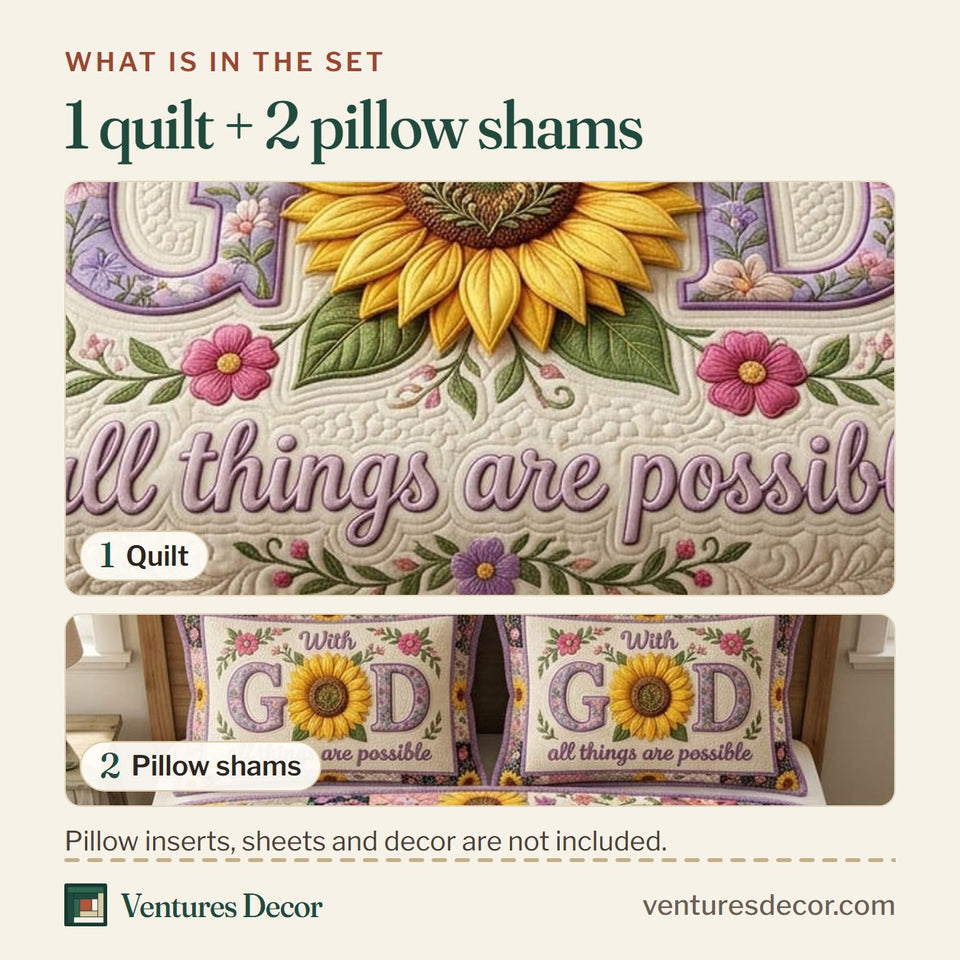 What is in the set: one quilt and two pillow shams, shown in the Floral Bible Sunflower in Purple Letters design