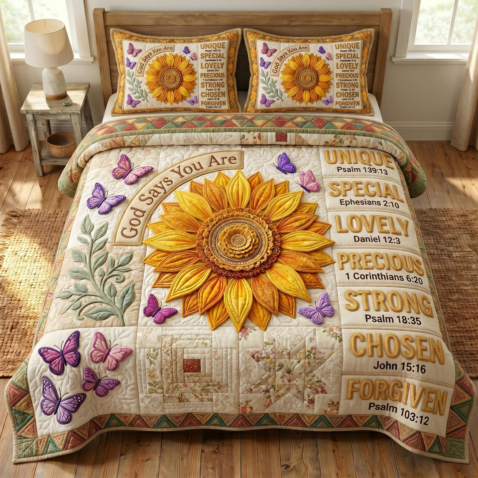 Floral Bible Sunflower Purple Butterflies quilted bedding set, quilt and two pillow shams on a made bed