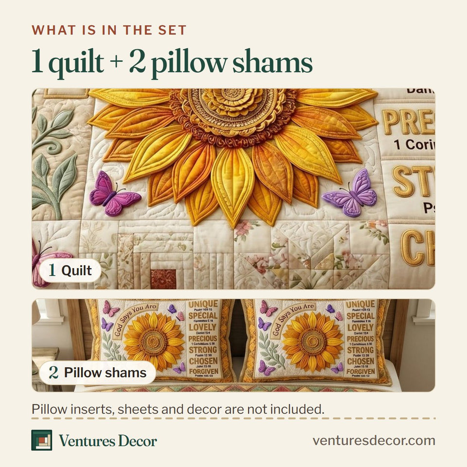 What is in the set: one quilt and two pillow shams, shown in the Floral Bible Sunflower Purple Butterflies design
