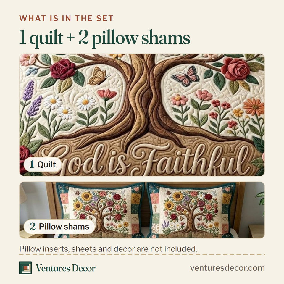 What is in the set: one quilt and two pillow shams, shown in the Floral Bible Teal Bordered Flowering Tree design