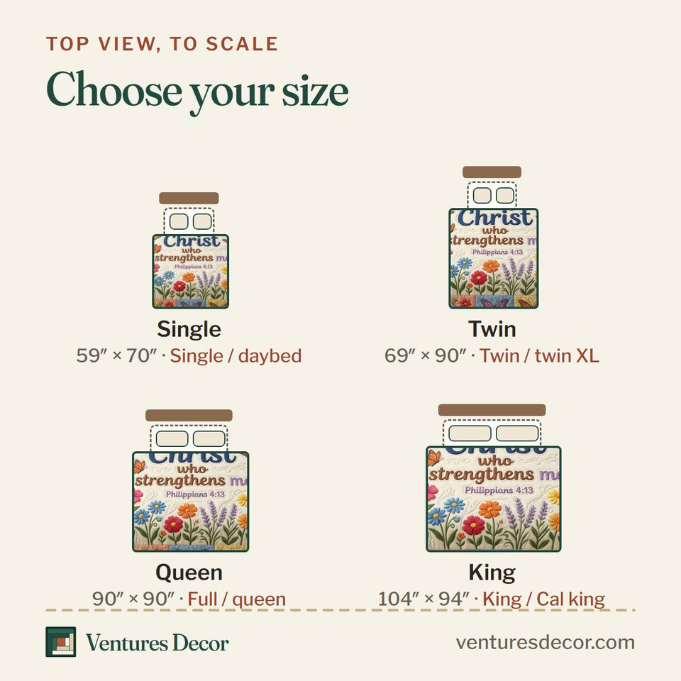 Size guide for the Floral Bible Teal Butterfly Border quilt, top view to scale: Single 59 x 70 in, Twin 69 x 90 in, Queen 90 x 90 in, King 104 x 94 in