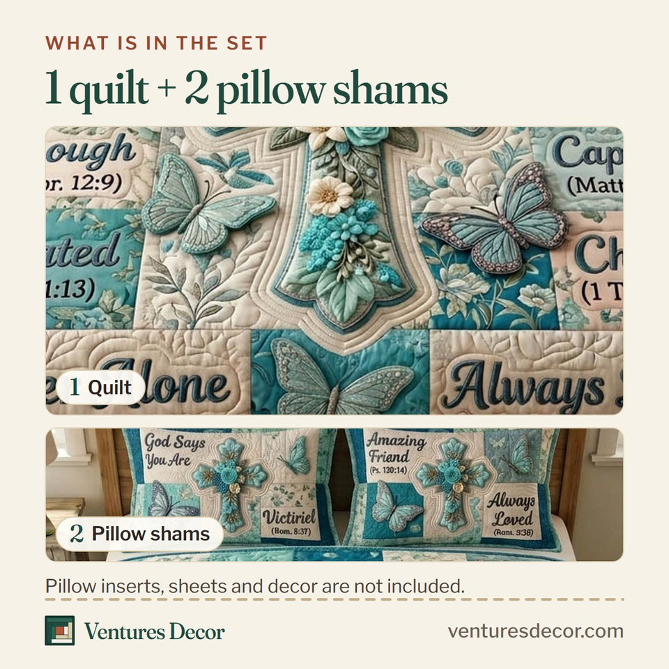 What is in the set: one quilt and two pillow shams, shown in the Floral Bible Turquoise Grid Cross design