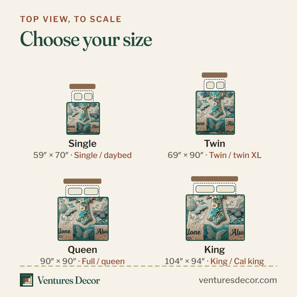 Size guide for the Floral Bible Turquoise Grid Cross quilt, top view to scale: Single 59 x 70 in, Twin 69 x 90 in, Queen 90 x 90 in, King 104 x 94 in