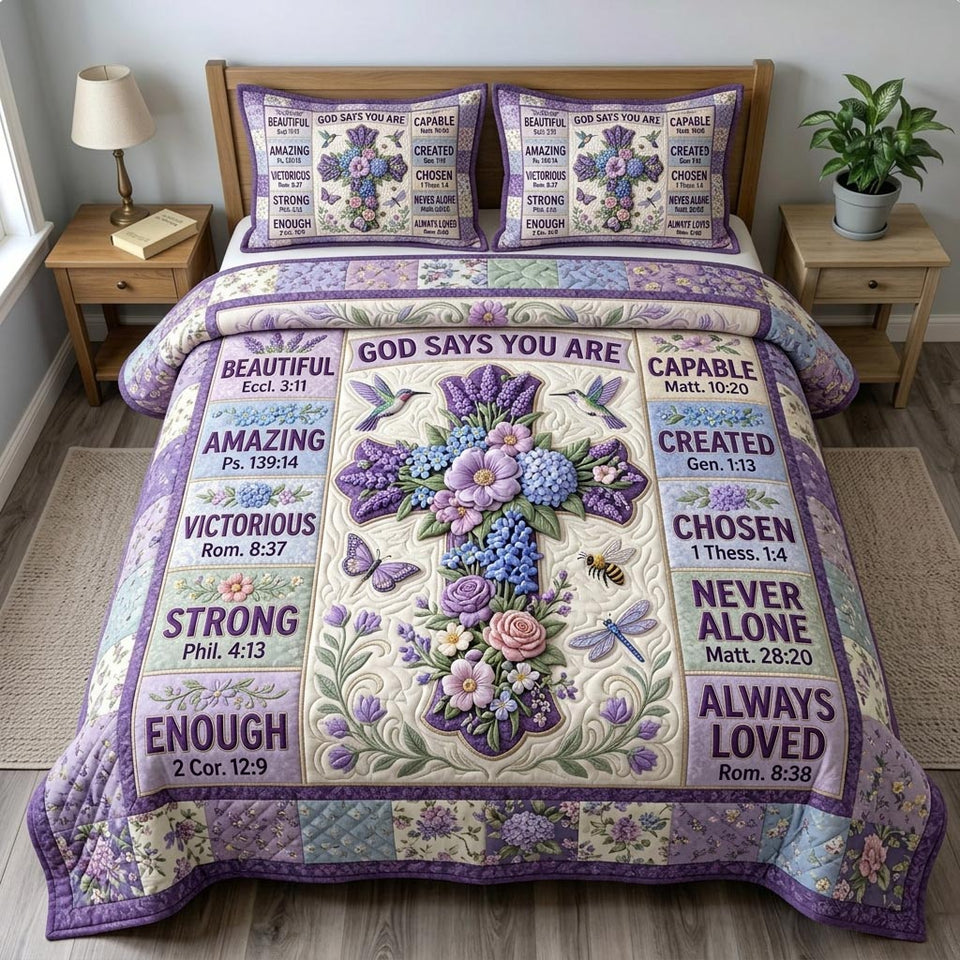 Floral Bible Violet Cross Dragonfly quilted bedding set, quilt and two pillow shams on a made bed