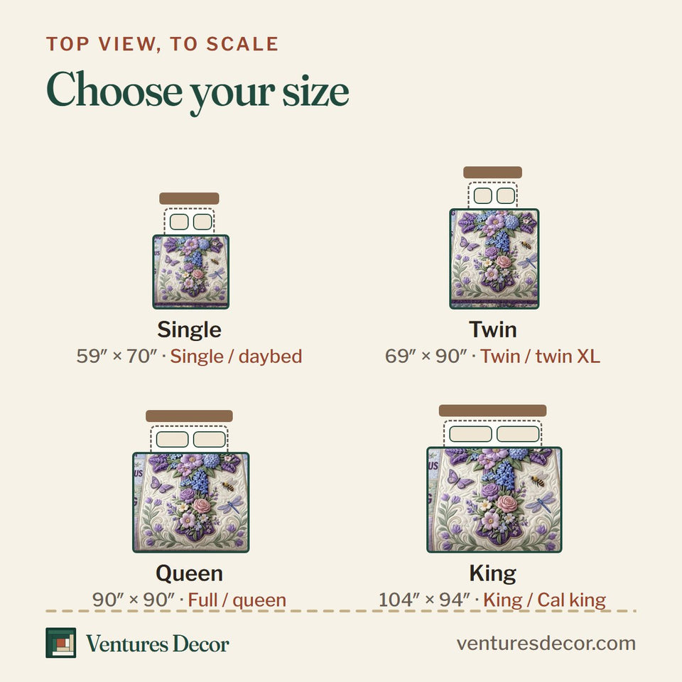 Size guide for the Floral Bible Violet Cross Dragonfly quilt, top view to scale: Single 59 x 70 in, Twin 69 x 90 in, Queen 90 x 90 in, King 104 x 94 in