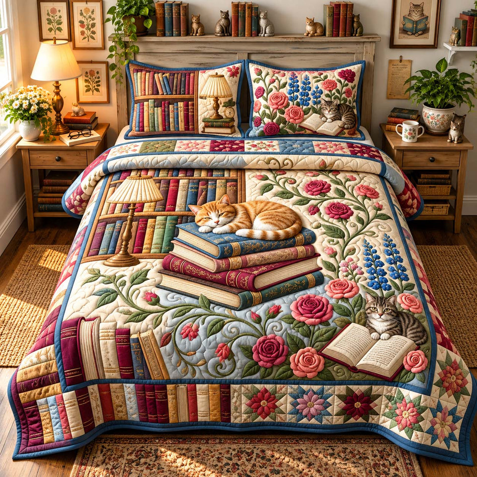 Floral Book Cat quilted bedding set, quilt and two pillow shams on a made bed