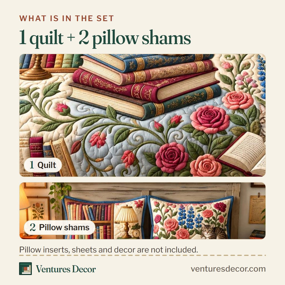 What is in the set: one quilt and two pillow shams, shown in the Floral Book Cat Quilt Set, 3-Piece Quilted Bedding with 2 Pillow Shams design