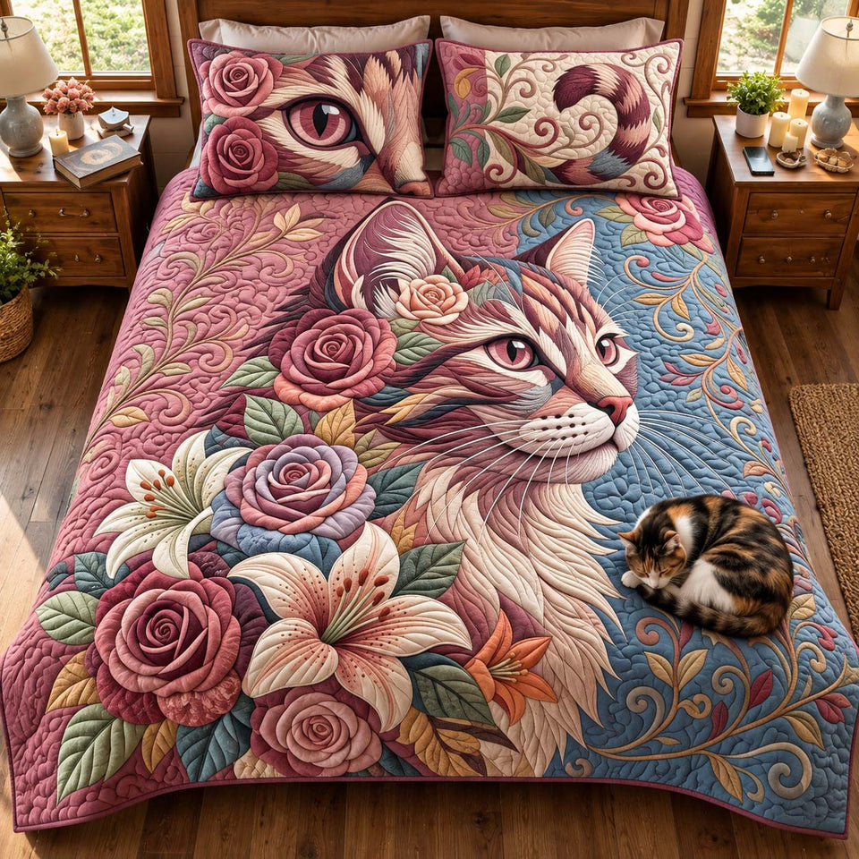Floral Cat quilted bedding set, quilt and two pillow shams on a made bed