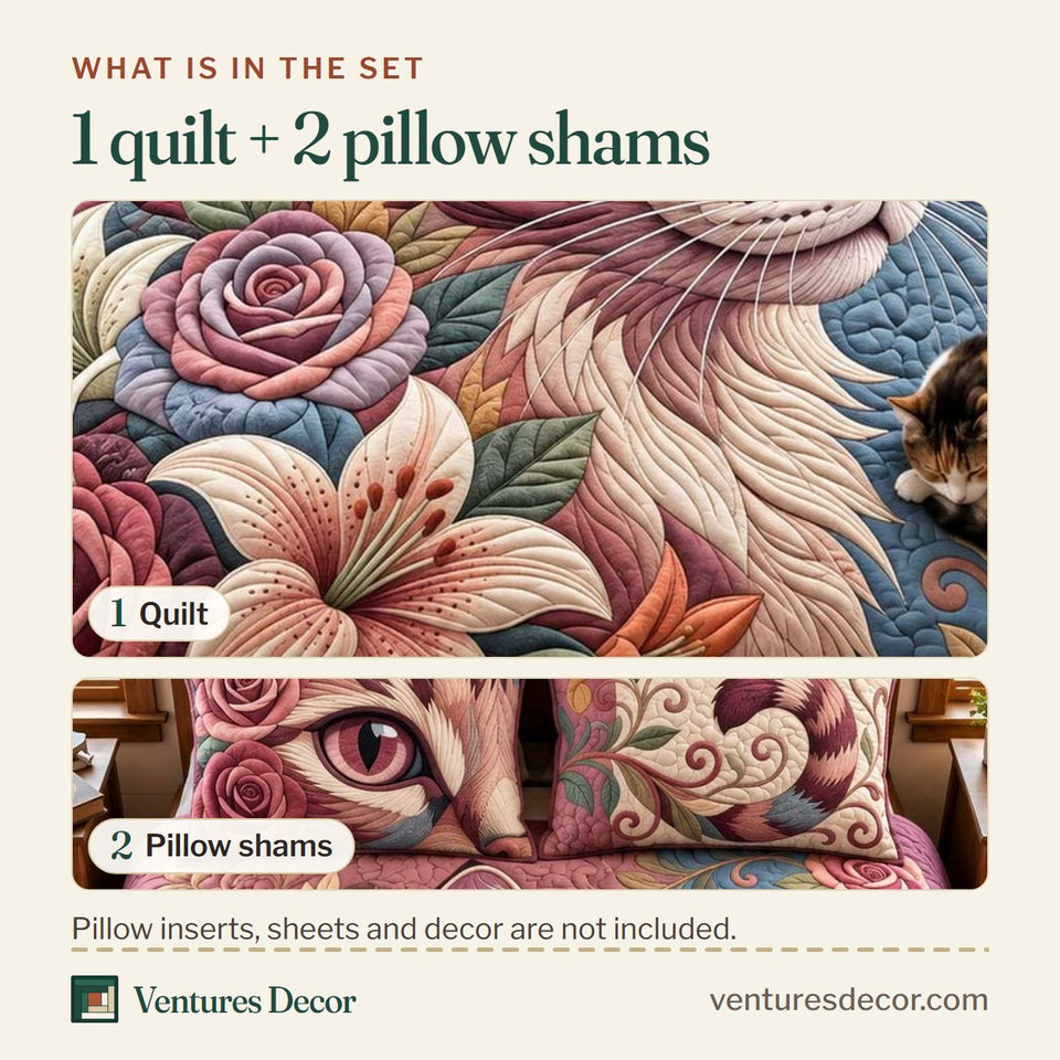 What is in the set: one quilt and two pillow shams, shown in the Floral Cat design