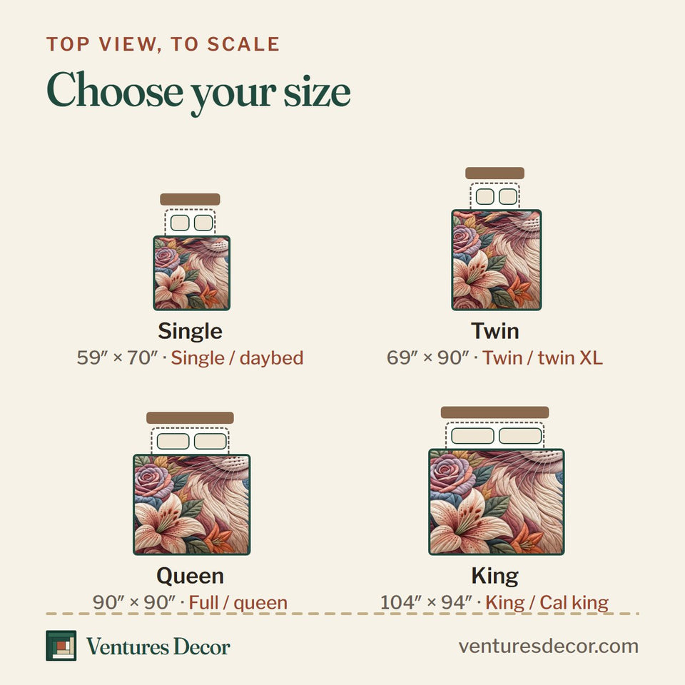 Size guide for the Floral Cat quilt, top view to scale: Single 59 x 70 in, Twin 69 x 90 in, Queen 90 x 90 in, King 104 x 94 in