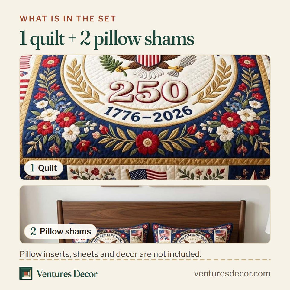 What is in the set: one quilt and two pillow shams, shown in the Floral Crest design
