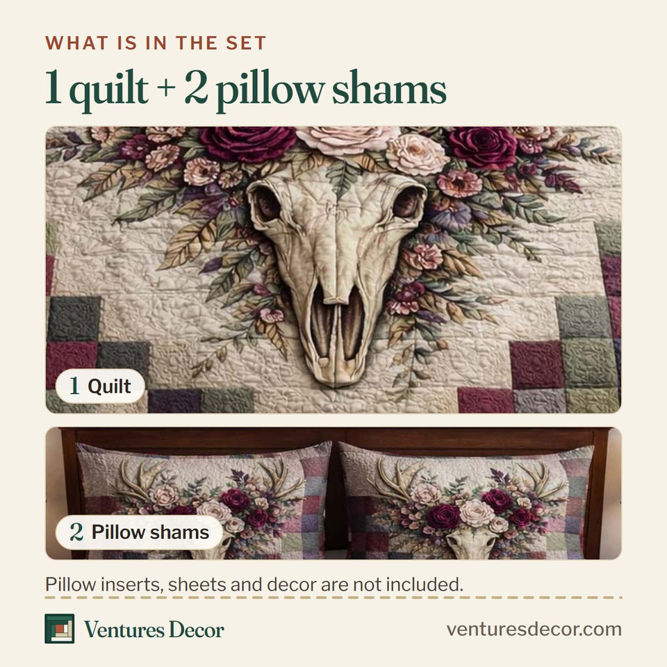 What is in the set: one quilt and two pillow shams, shown in the Floral Deer Skull Boho design