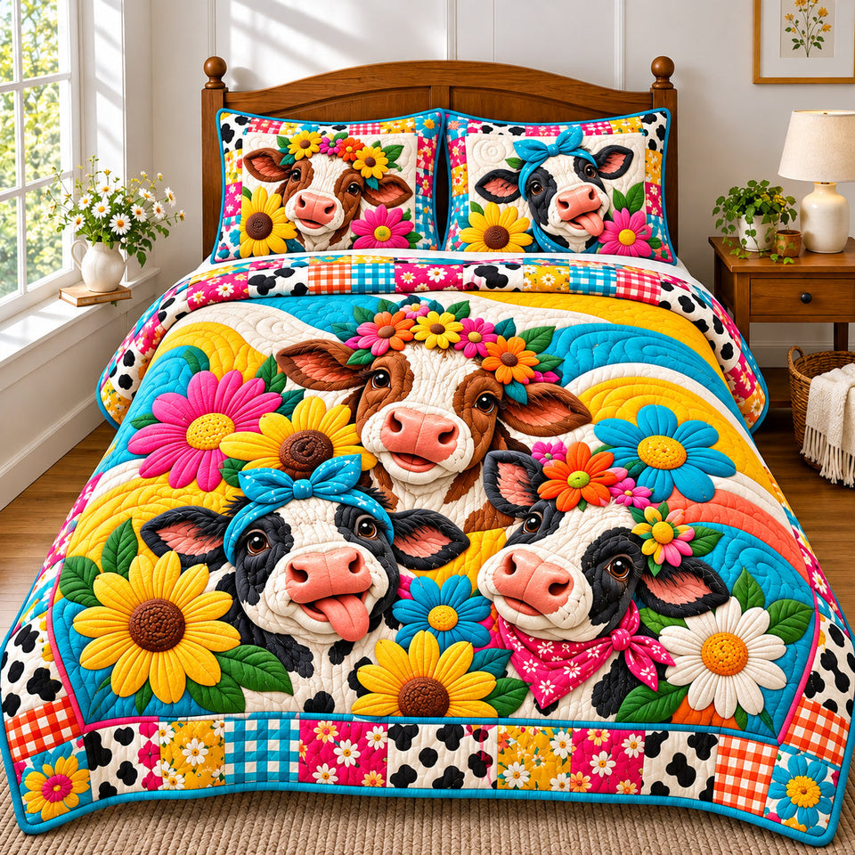 Floral Funky Cow quilted bedding set, quilt and two pillow shams on a made bed