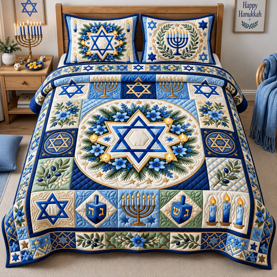 Floral Hanukkah quilted bedding set, quilt and two pillow shams on a made bed