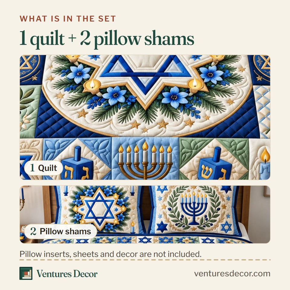 What is in the set: one quilt and two pillow shams, shown in the Floral Hanukkah design