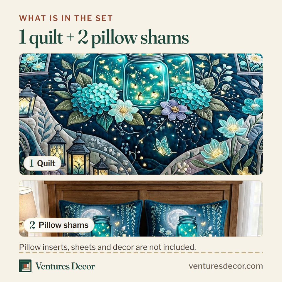 What is in the set: one quilt and two pillow shams, shown in the Floral Haven Glowing Jar Nightfall design