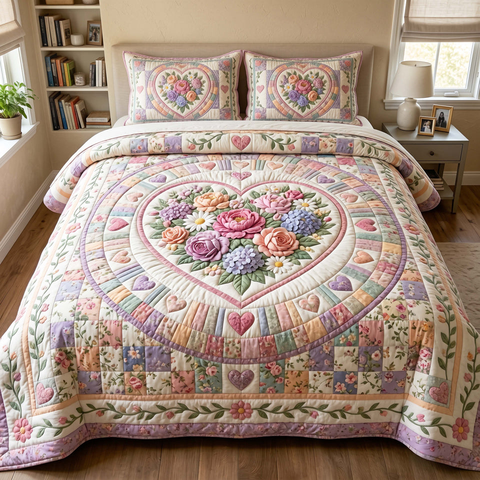 Floral Heart Pastel Mandala Border quilted bedding set, quilt and two pillow shams on a made bed