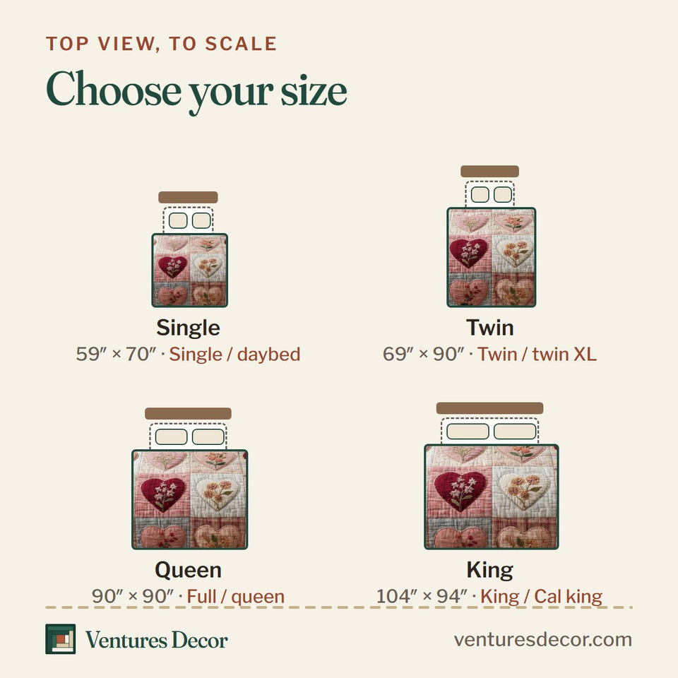 Size guide for the Floral Hearts quilt, top view to scale: Single 59 x 70 in, Twin 69 x 90 in, Queen 90 x 90 in, King 104 x 94 in