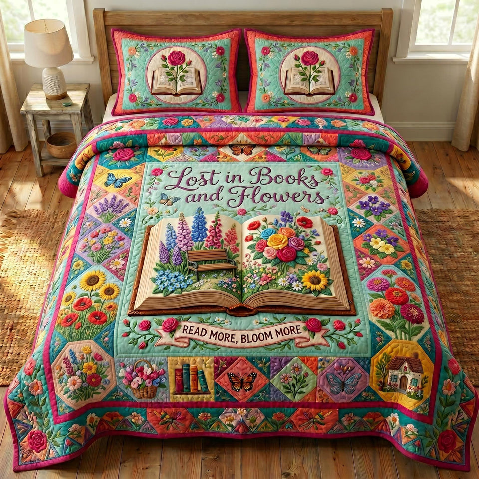 Floral Library Crimson Frame Open Book quilted bedding set, quilt and two pillow shams on a made bed