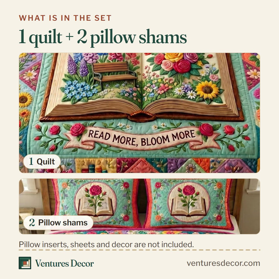 What is in the set: one quilt and two pillow shams, shown in the Floral Library Crimson Frame Open Book design