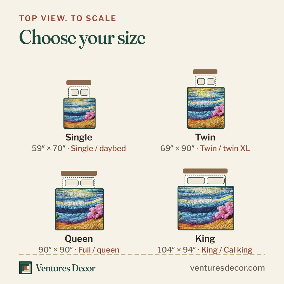 Size guide for the Floral Paradise Sunrise Over the Bay quilt, top view to scale: Single 59 x 70 in, Twin 69 x 90 in, Queen 90 x 90 in, King 104 x 94 in