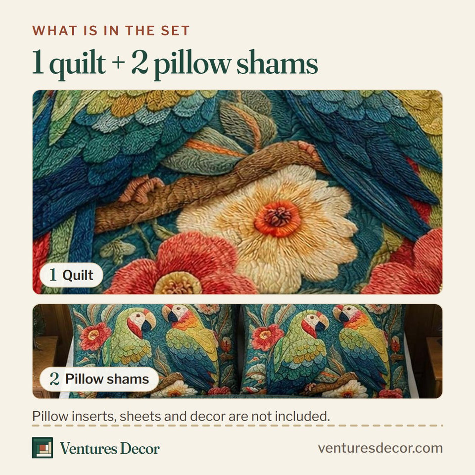 What is in the set: one quilt and two pillow shams, shown in the Floral Parrots design