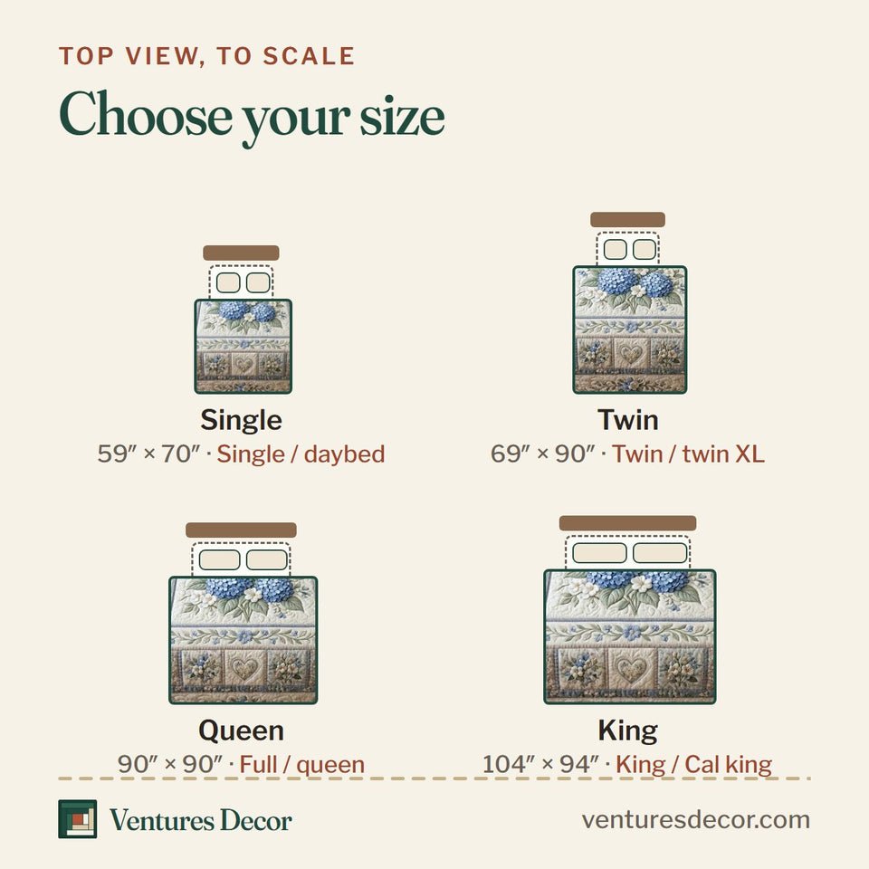 Size guide for the Floral Patchwork Blue Hydrangea Frame quilt, top view to scale: Single 59 x 70 in, Twin 69 x 90 in, Queen 90 x 90 in, King 104 x 94 in
