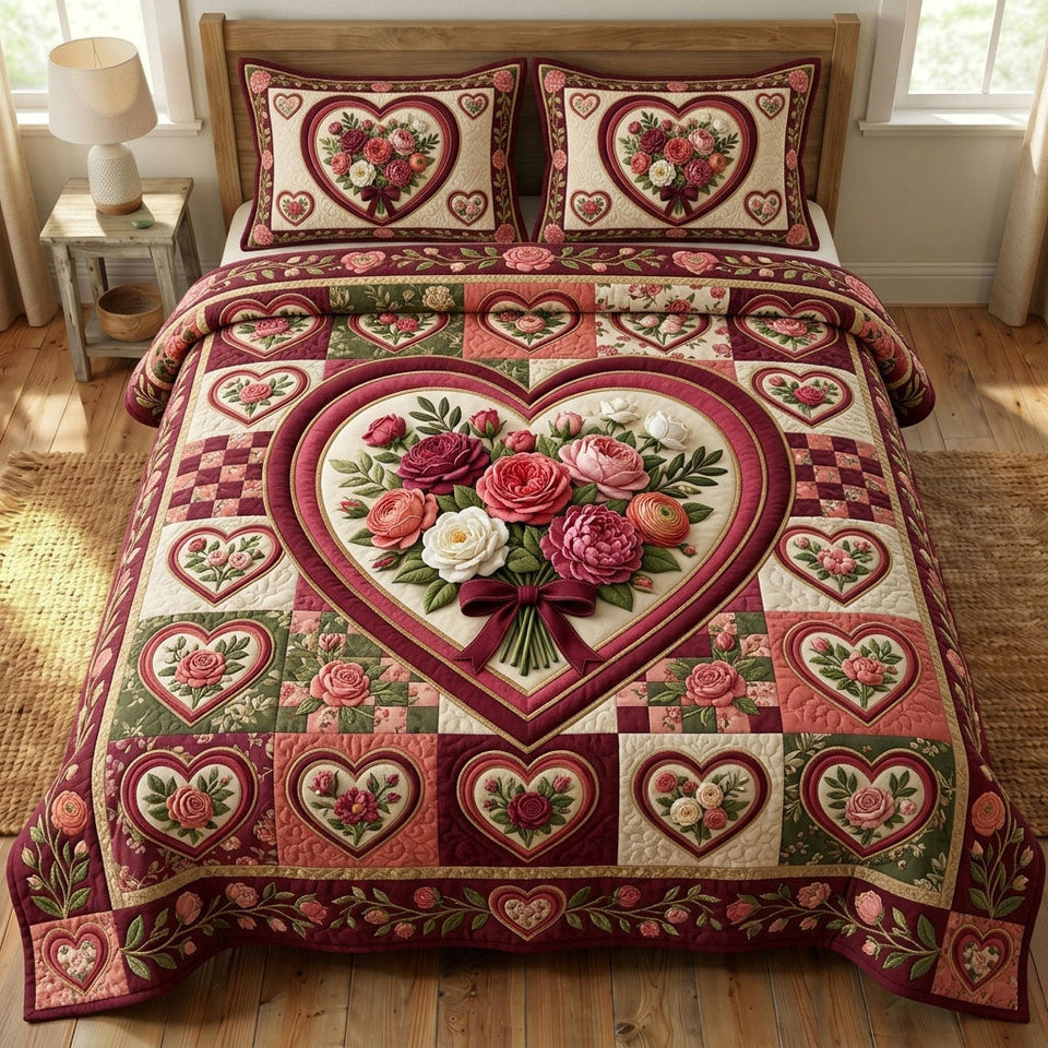 Floral Patchwork Burgundy Heart Roses quilted bedding set, quilt and two pillow shams on a made bed