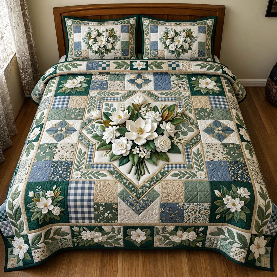 Floral Patchwork Green Check Magnolia quilted bedding set, quilt and two pillow shams on a made bed