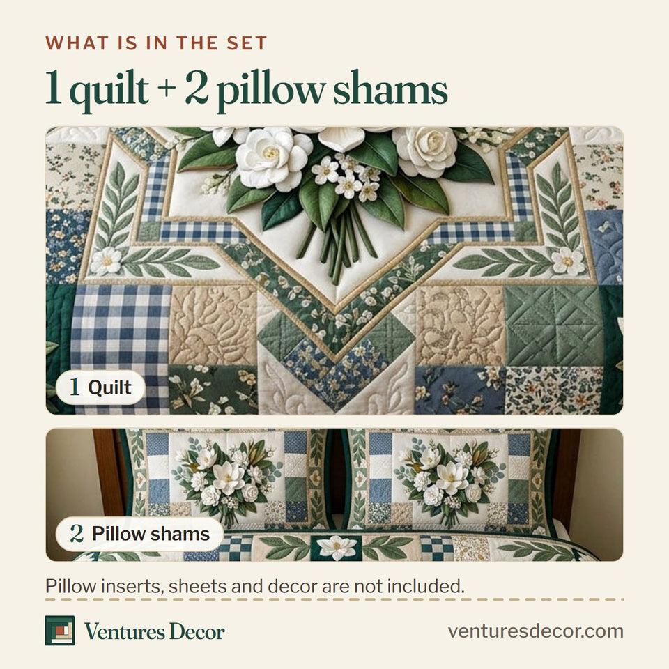 What is in the set: one quilt and two pillow shams, shown in the Floral Patchwork Green Check Magnolia design