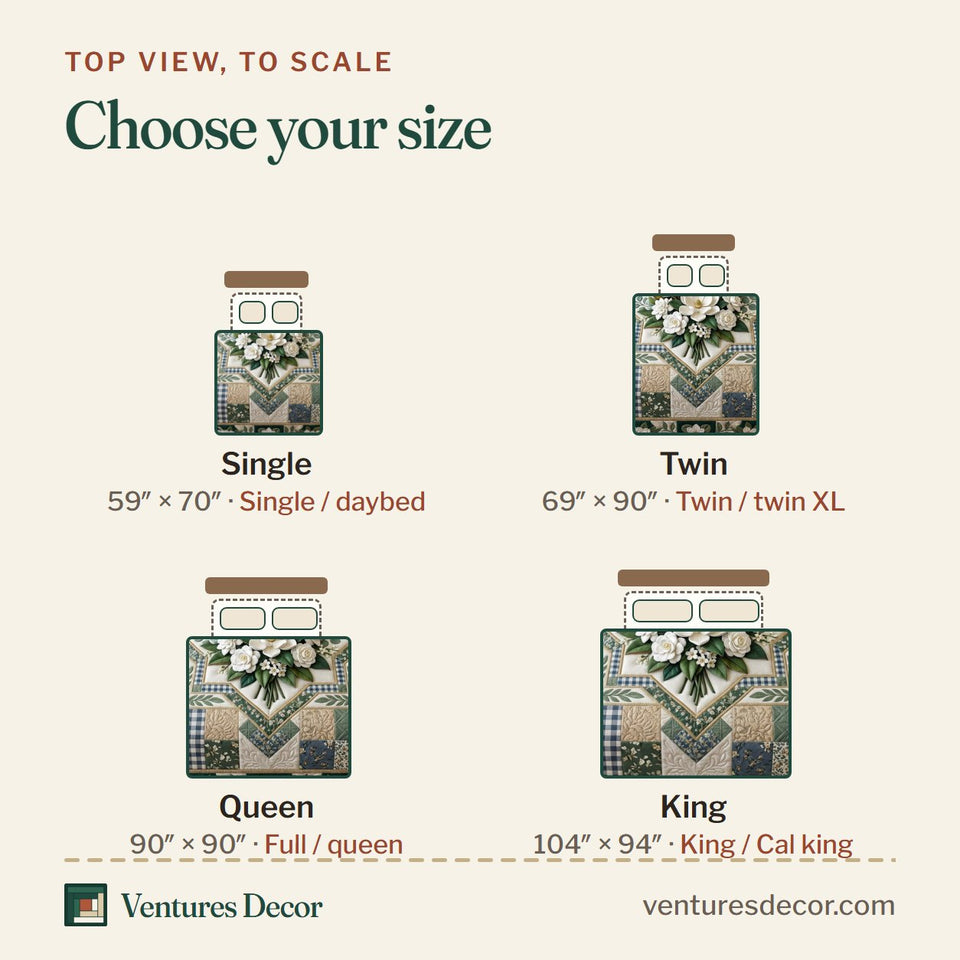 Size guide for the Floral Patchwork Green Check Magnolia quilt, top view to scale: Single 59 x 70 in, Twin 69 x 90 in, Queen 90 x 90 in, King 104 x 94 in