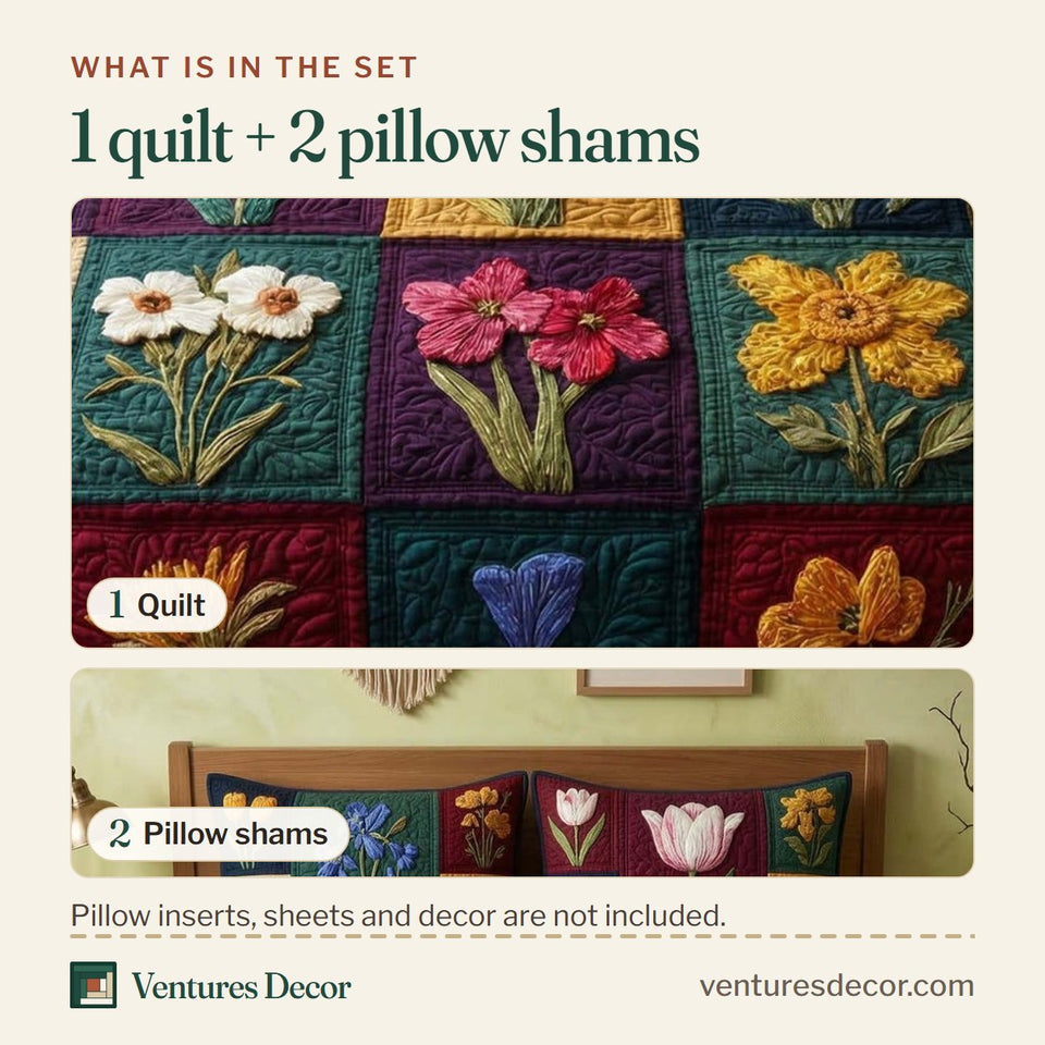 What is in the set: one quilt and two pillow shams, shown in the Floral Patchwork Jewel Tone Botanicals design