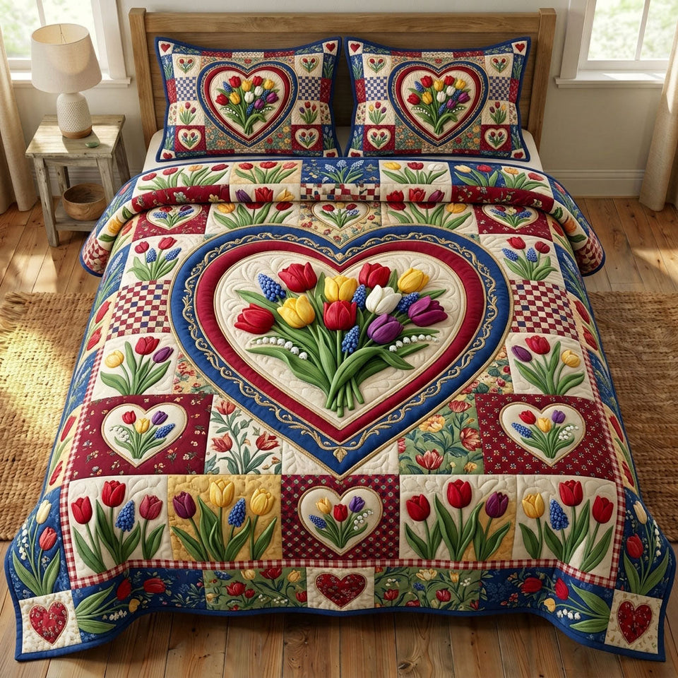 Floral Patchwork Red Heart Tulip Folk quilted bedding set, quilt and two pillow shams on a made bed