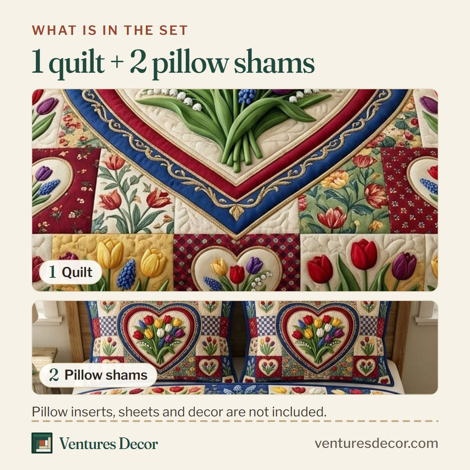 What is in the set: one quilt and two pillow shams, shown in the Floral Patchwork Red Heart Tulip Folk design