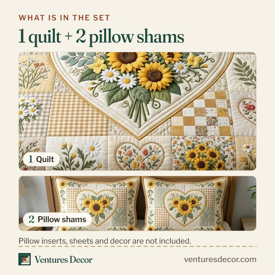 What is in the set: one quilt and two pillow shams, shown in the Floral Patchwork Sunflower Gingham Heart design