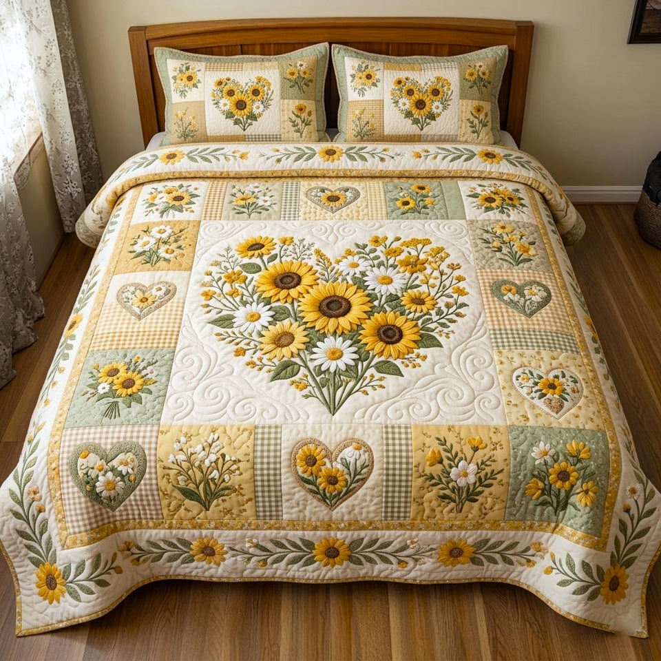 Floral Patchwork Sunflower Heart Yellow quilted bedding set, quilt and two pillow shams on a made bed