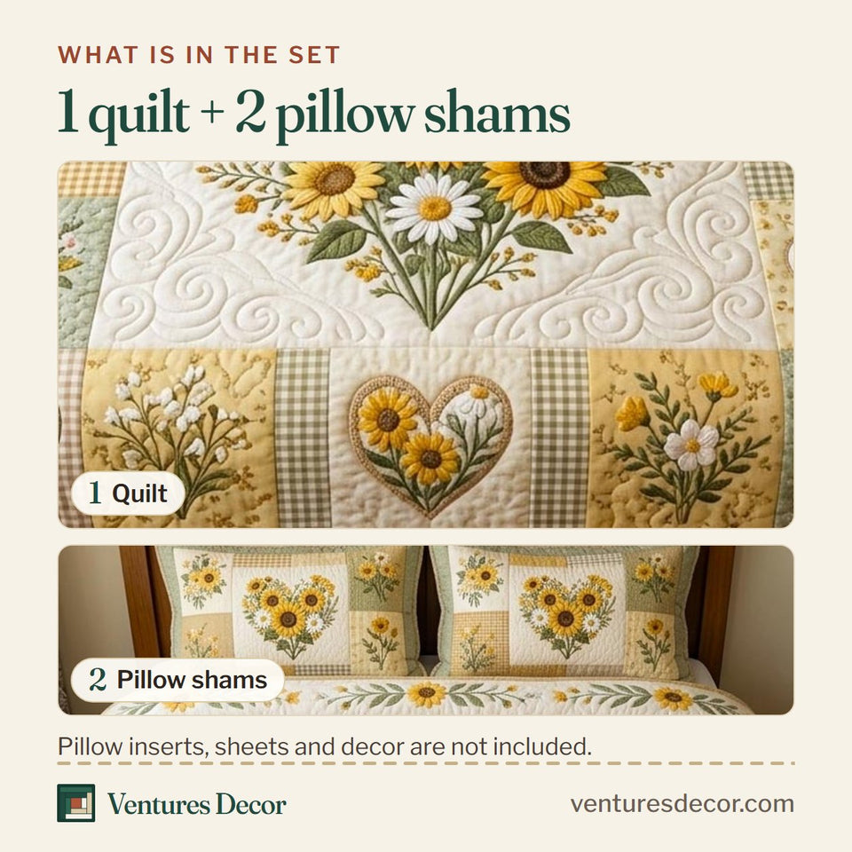 What is in the set: one quilt and two pillow shams, shown in the Floral Patchwork Sunflower Heart Yellow design