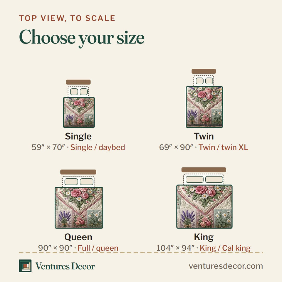 Size guide for the Floral Patchwork Taupe Frame Rose Heart quilt, top view to scale: Single 59 x 70 in, Twin 69 x 90 in, Queen 90 x 90 in, King 104 x 94 in