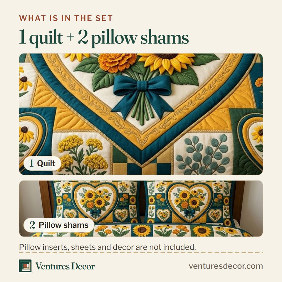 What is in the set: one quilt and two pillow shams, shown in the Floral Patchwork Teal Sunflower Heart design