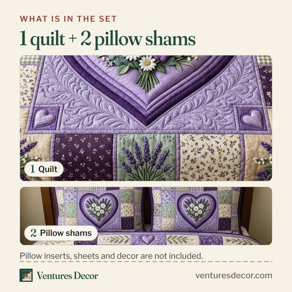What is in the set: one quilt and two pillow shams, shown in the Floral Patchwork Violet Block Daisy Heart design