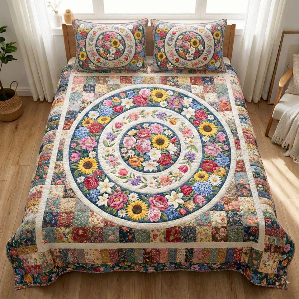 Floral Serenity Grand Bloom Ring quilted bedding set, quilt and two pillow shams on a made bed