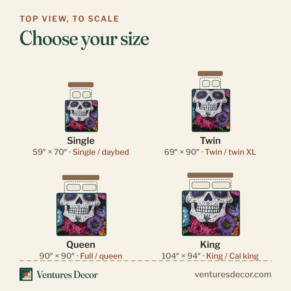 Size guide for the Floral Skull Blue Dahlia Crown quilt, top view to scale: Single 59 x 70 in, Twin 69 x 90 in, Queen 90 x 90 in, King 104 x 94 in